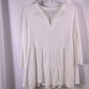 J Jill White Tiered Knit V-Neck 3/4 Sleeve Tunic Women's Small